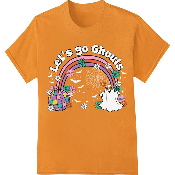 Colorful 'Let's Go Ghouls' ghost design, with text and ghost figures on a purple background, for Halloween DTF printing.