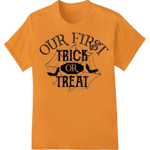 Colorful 'Our First Trick or Treat' Halloween design with candy, pumpkins for baby's first Halloween