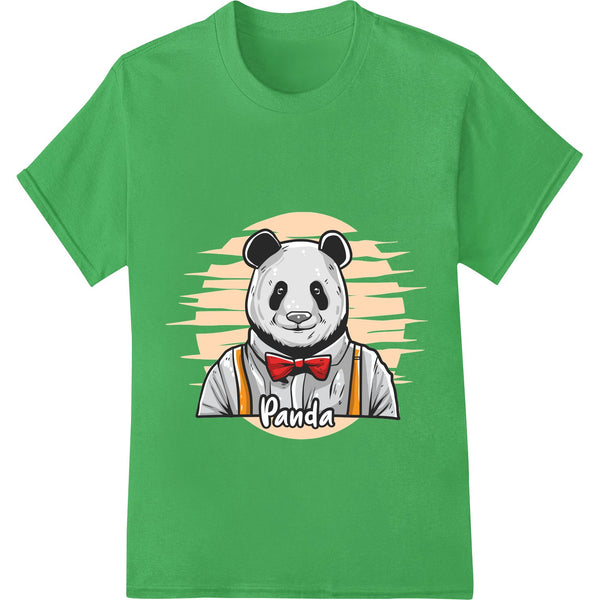 Cartoon illustration of a cute panda bear wearing a red bowtie, suitable for heat transfer prints on apparel.