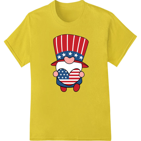 Cute patriotic gnome design holding an American flag heart shape suitable for Fourth of July and summer apparel