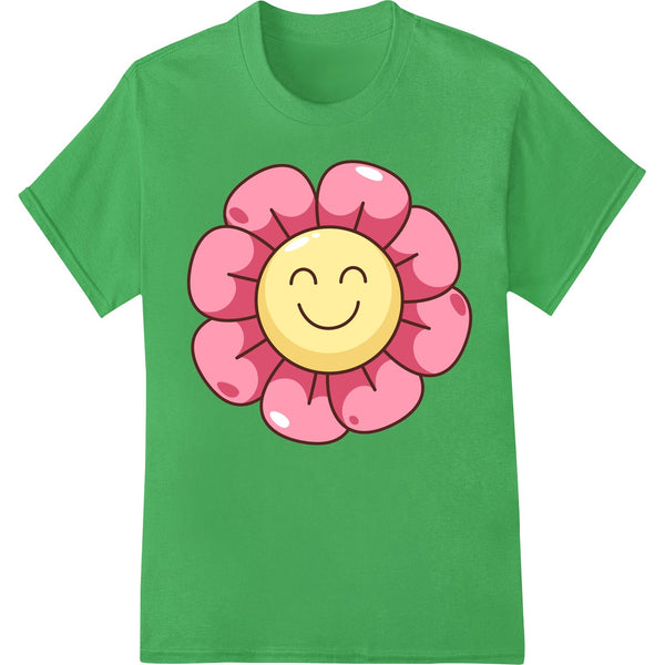 A cute pink flower with a smiley face in the center on a white background - great for direct-to-film printing on apparel