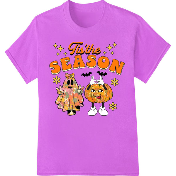 Cartoon pumpkin couple design with smiling faces and the text 'Tis the SEASON' for Halloween heat transfer or DTF prints.