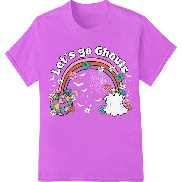 A whimsical design featuring a cute cartoon ghost with a rainbow trail, surrounded by stars against a black background.