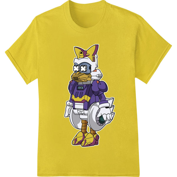 An adorable robotic rabbit character design, perfect for DTF printing and heat transfers on custom apparel like t-shirts.