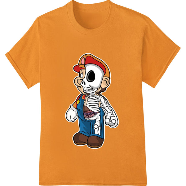 Black and white cartoon skeleton illustration in a cute pose, perfect for a DTF heat transfer print on t-shirts for Halloween