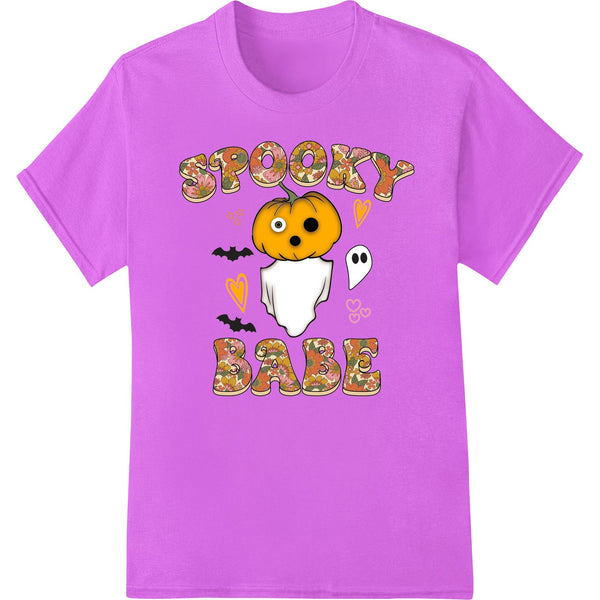 A cute ghost girl design holding cookies with the text 'Spooky Babe' in a Halloween-themed DTF print for custom apparel.