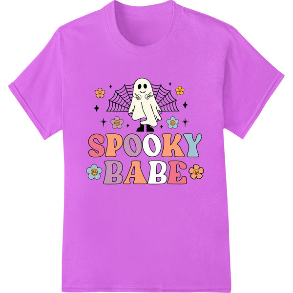 Adorable ghost design with text 'Spooky Babe' and spider web accents, suitable for DTF printing and heat transfer vinyl...