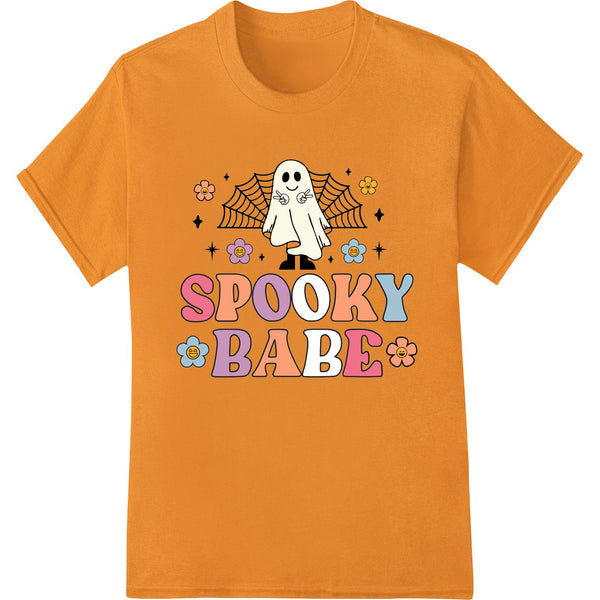 Cute cartoon ghost design with text 'SPOOKY BABE' in a Halloween themed color scheme, perfect for DTF printing on t-shirts