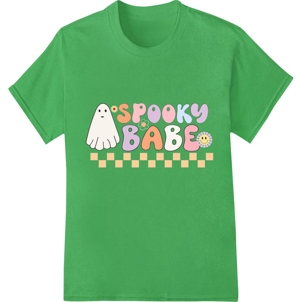 Spooky Babe Halloween design featuring a cute ghost with pink cheeks and bow, perfect for DTF printing on apparel.