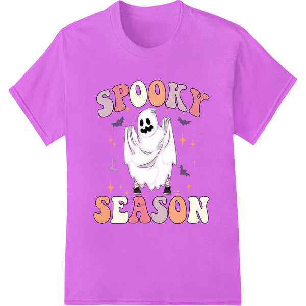 A cute ghost character design with the text 'Spooky Season' perfect for DTF printing and heat transfers for custom Halloween...