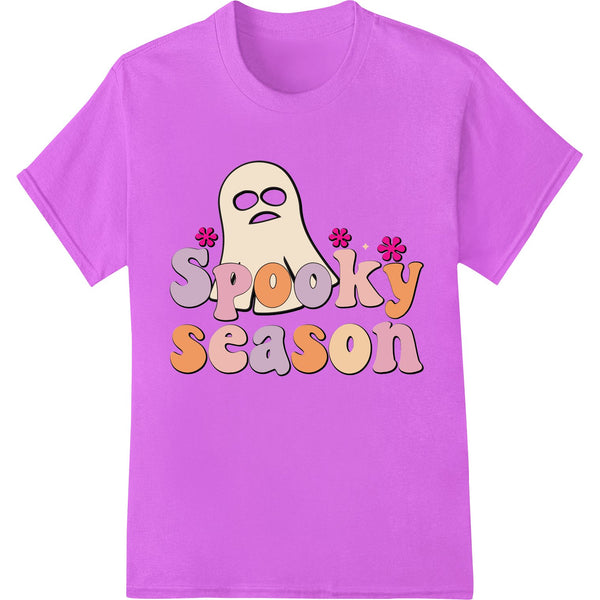 A cute ghost graphic with the text 'Spooky Season' in a spooky font, suitable for Halloween DTF printing on t-shirts and...