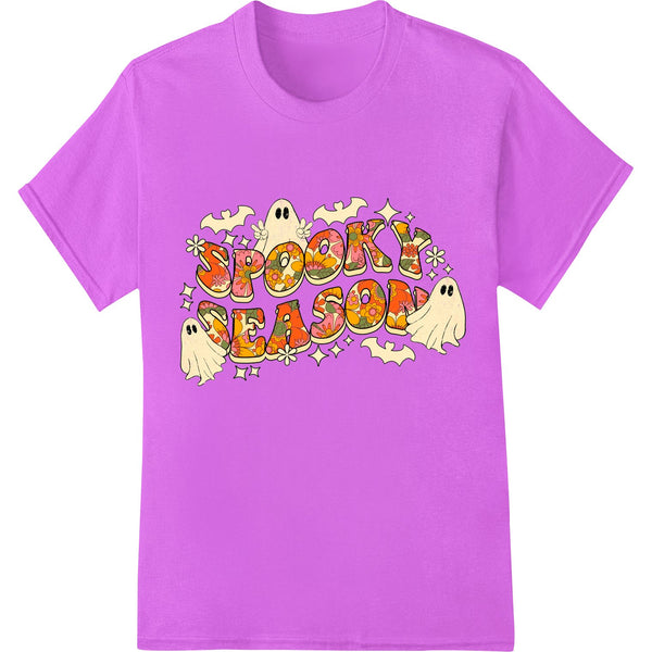 Whimsical illustration of cute ghosts and spooky text for a Halloween DTF heat transfer design on custom apparel.