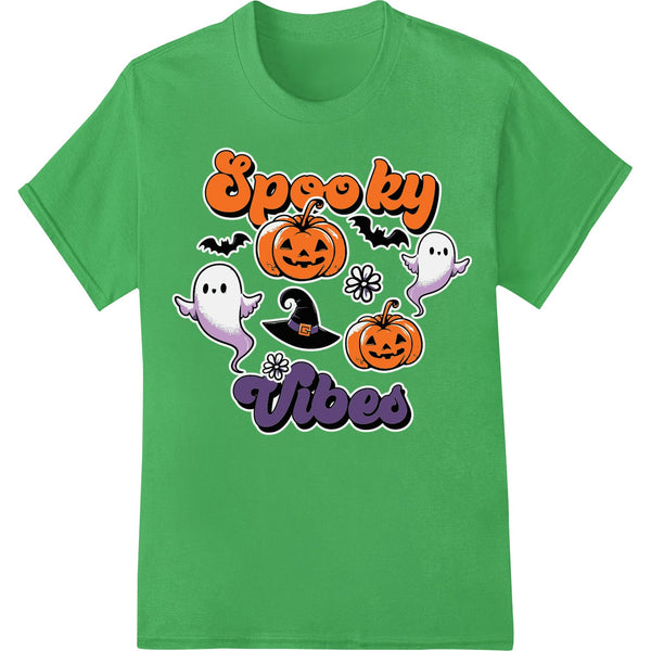 A colorful DTF print design featuring cute ghosts, pumpkins, and the words 'Spooky Vibes' in a Halloween-themed pattern.