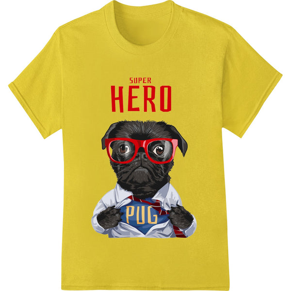 A cute pug dog wearing a red superhero cape and mask, flying through the air with a determined expression on a white...