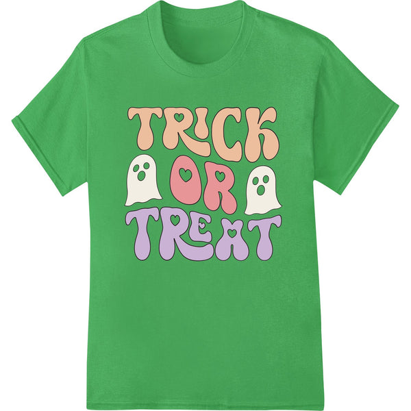 Adorable cartoon ghost characters with pumpkin bags saying 'Trick or Treat' - a Halloween heat transfer vinyl design.