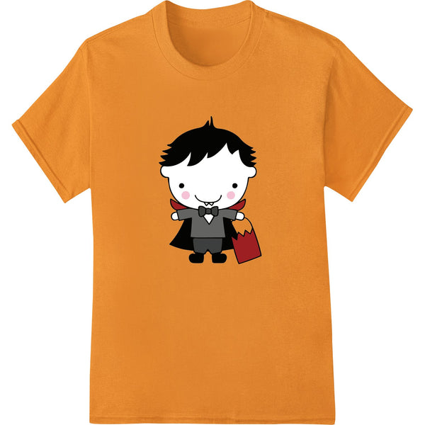 Cartoon vampire kid in purple costume with cape carrying Halloween candy pail - direct to film (DTF) print design