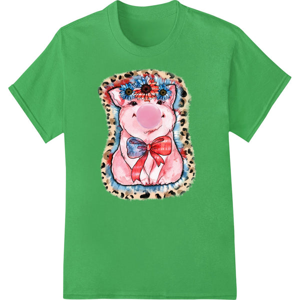 An illustration of a cute pig wearing a floral wreath, designed as a DTF or direct-to-film heat transfer print for...