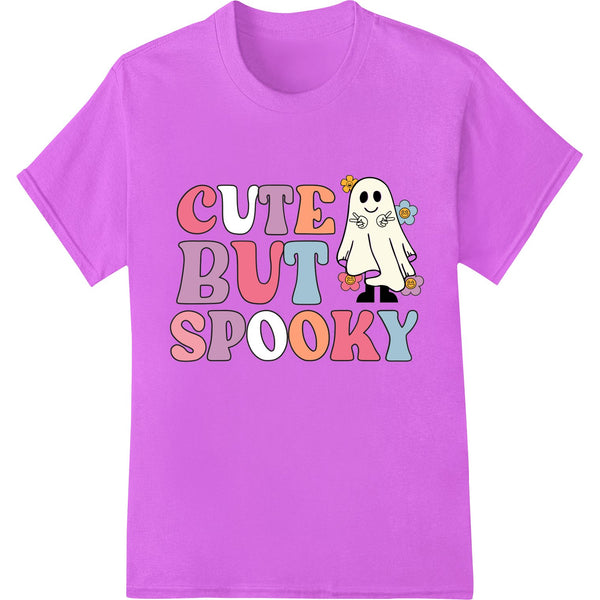 Cartoon ghost with cute face and spooky aura design, perfect for DTF heat transfer on t-shirts and apparel for Halloween.