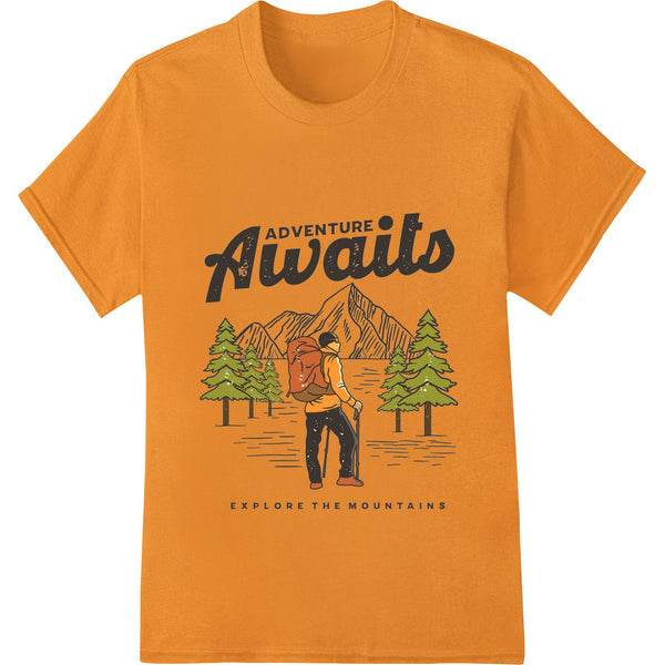 Colorful mountain landscape design with 'Adventure Awaits' text, perfect for Direct to Film (DTF) heat transfer printing