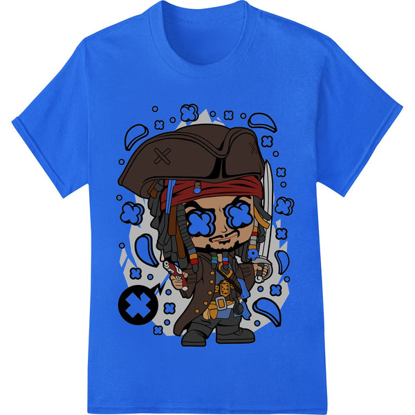 Cartoon image of a playful pirate character with an eye patch, bandana, and sword, suitable for direct-to-film printing.