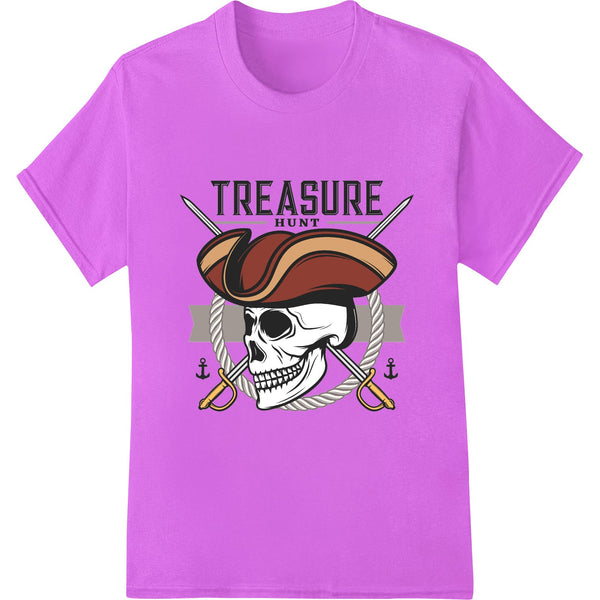 A bold and colorful vector design featuring a pirate skull with an eye patch, bandana, and crossed bones on a distressed...