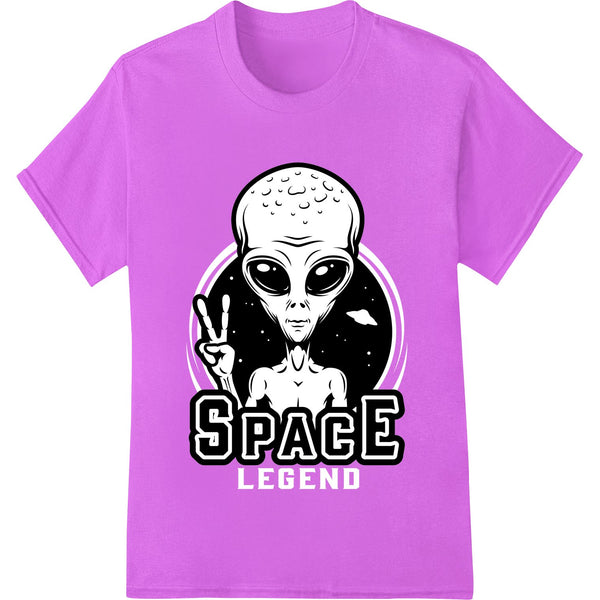 Edgy alien encounter design with bright green skin, large black eyes and sharp teeth, perfect for DTF printing on t-shirts