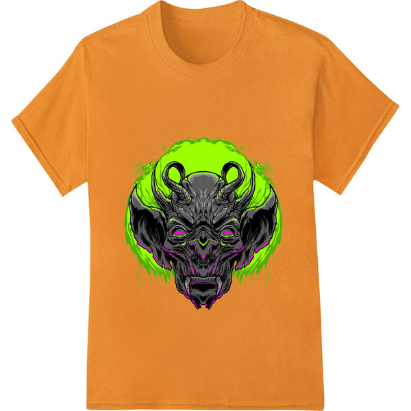 Vibrant green and purple alien monster face design featuring pointy teeth and curvy horns - a direct to film (DTF) transfer...