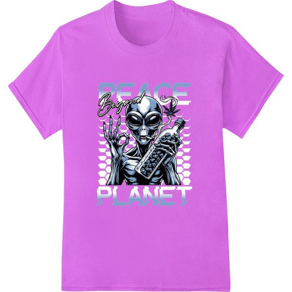 Alien peace design featuring extraterrestrials in vibrant colors, perfect for DTF heat transfers on t-shirts and apparel.