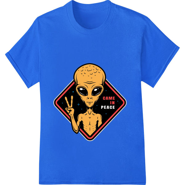 Futuristic alien head design with peace sign and bold colors, ideal for DTF heat transfers on t-shirts and apparel.