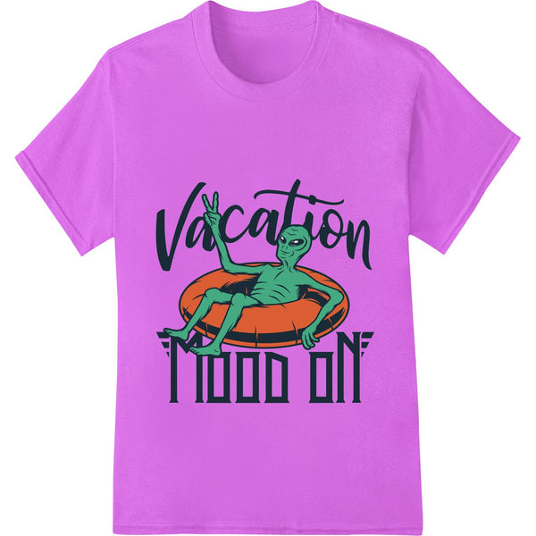 Colorful alien-themed design featuring bold graphics and text 'Alien Vacation' for DTF printing and heat transfer on apparel