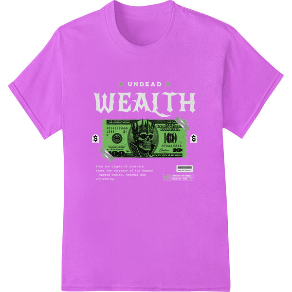 Alien Wealth heat transfer print design featuring an intergalactic currency symbol in vivid colors, perfect for custom...