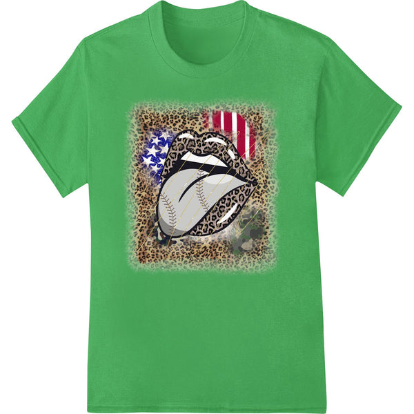 Leopard print baseball with American flag pattern DTF heat transfer for custom t-shirt printing and apparel decoration.