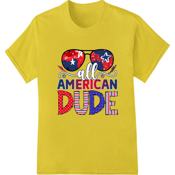 All American Dude patriotic sunglasses design with American flag print, perfect for DTF heat transfers on t-shirts and...