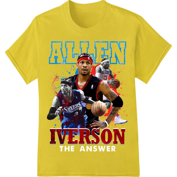 Basketball player Allen Iverson in mid-air with explosive graphics, available as a DTF (Direct to Film) print for custom...