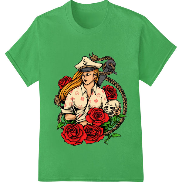 A striking illustration of a bold female sailor adorned with roses, representing nautical beauty meets danger.