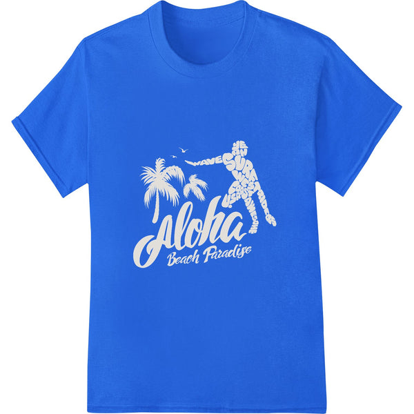 Tropical beach scene with palm trees and vintage style text 'Aloha Beach Paradise' for direct-to-film print transfer