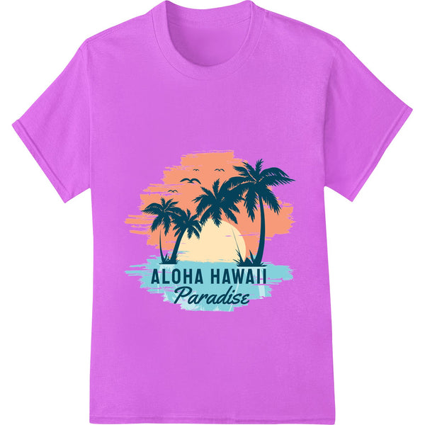 Colorful DTF print design featuring a tropical Hawaiian sunset over a beach with palm trees and the text 'Aloha Hawaii...