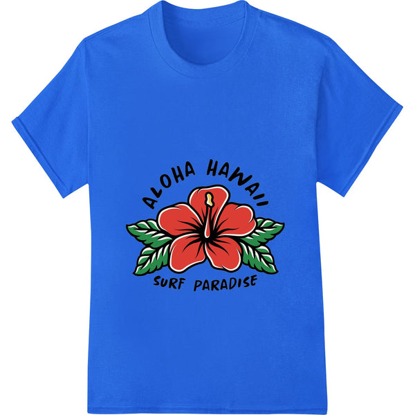 Colorful DTF (direct to film) heat transfer design with a tropical hibiscus flower pattern for custom t-shirt printing.