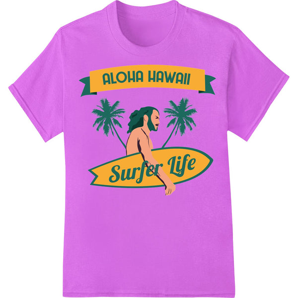 Colorful DTF print design featuring surfers, waves, and Hawaiian island motifs, ideal for custom apparel and t-shirt...