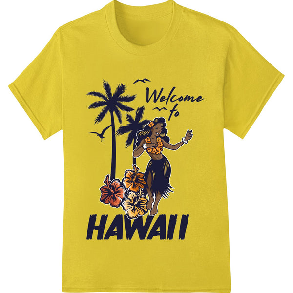 Colorful tropical design featuring a hula dancer with flowers and 'Welcome to Hawaii' text for direct to film printing.