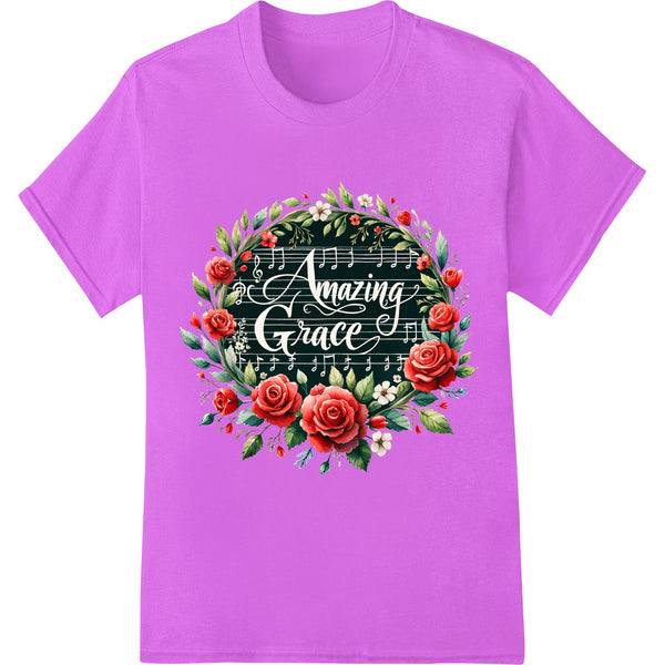 A detailed DTF print heat transfer design featuring a wreath made of vibrant red roses with the text 'Amazing Grace'