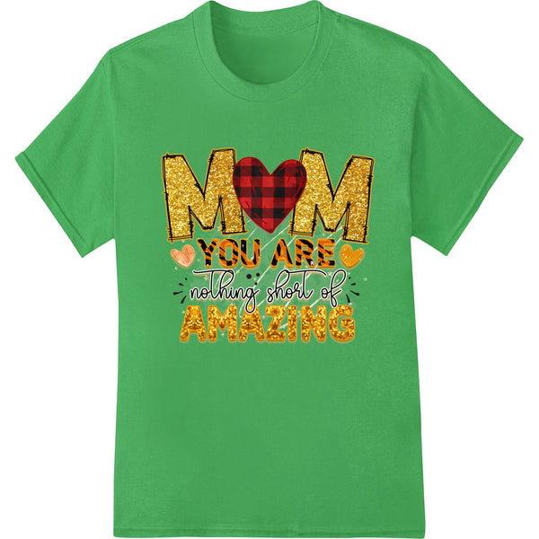 Leopard print heart with buffalo plaid pattern text reading 'Amazing Mom' - a heartfelt Mother's Day DTF print design