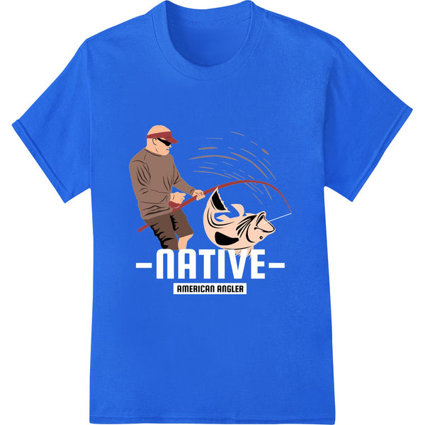 Vibrant DTF print design featuring a fishing scene with an American angler casting a line into a lake against a scenic...