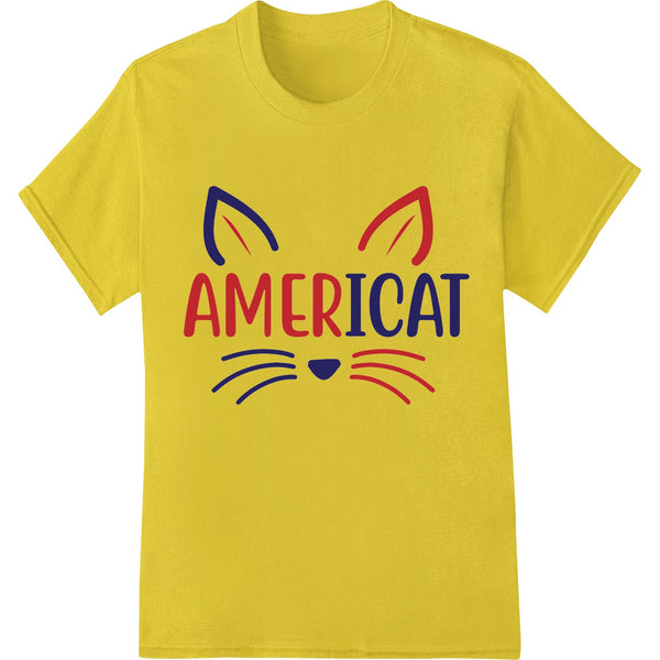 An illustration of a cat dressed in American flag colors and patterns, designed as a DTF print for custom t-shirt transfers.