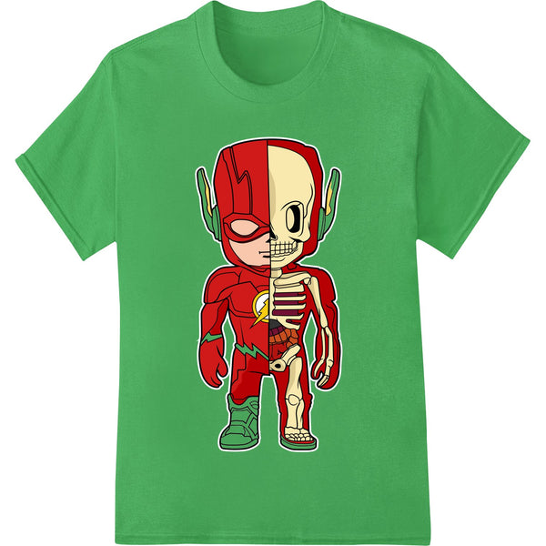 Bold red and gold anatomical superhero design with visible muscles and internal organs. Digital heat transfer print for...