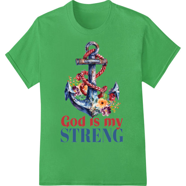 Black and white DTF transfer print design with the text 'God is my STRENG' in a distressed, grunge style font