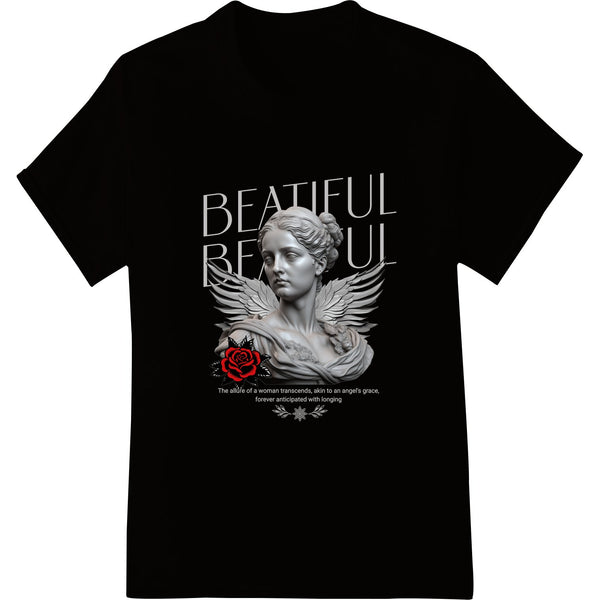 Serene statue of an angel holding a delicate rose, exuding grace and tranquility. Ideal for custom apparel and DTF printing.