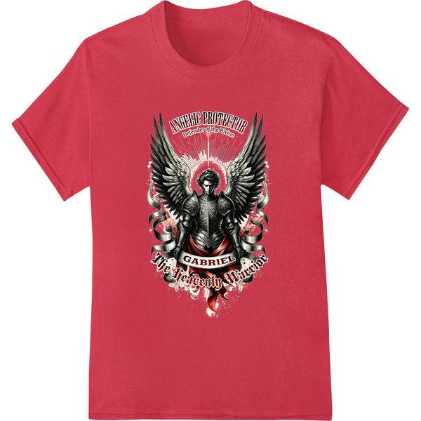 Angelic Protector DTF print featuring a powerful angel with a shield, suitable for custom t-shirts and apparel.