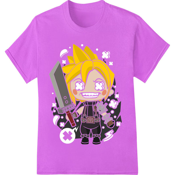 A chibi-style anime character with yellow hair, smiling and waving, as a heat transfer print design for DTF printing.