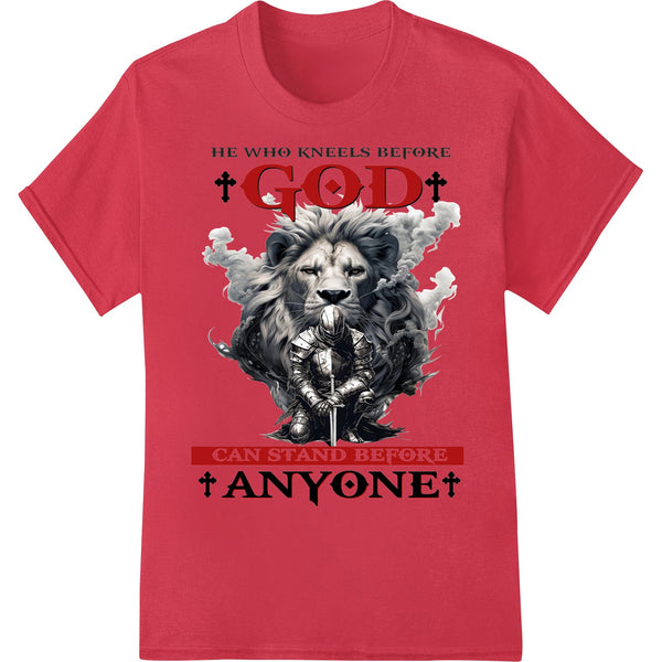 Design of an armored lion knight representing strength in faith, printed with direct-to-film heat transfer technology.